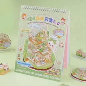 Carnet à spirales contenant 6 scènes de stickers isométrique 3D à composer soi-même sur le thème des maisons. Activité créative pour adulte pour gérer le stress.