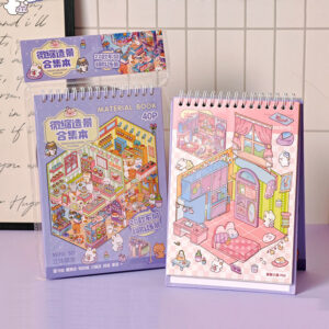 Carnet à spirales contenant 20 scènes de stickers isométrique 3D à composer soi-même sur le thème des boutiques kawaii et mignonnes. Activité créative pour adulte pour gérer le stress.