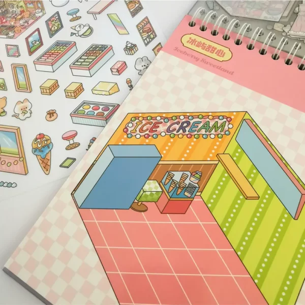 Carnet à spirales contenant 20 scènes de stickers isométrique 3D à composer soi-même sur le thème des boutiques kawaii et mignonnes. Activité créative pour adulte pour gérer le stress.