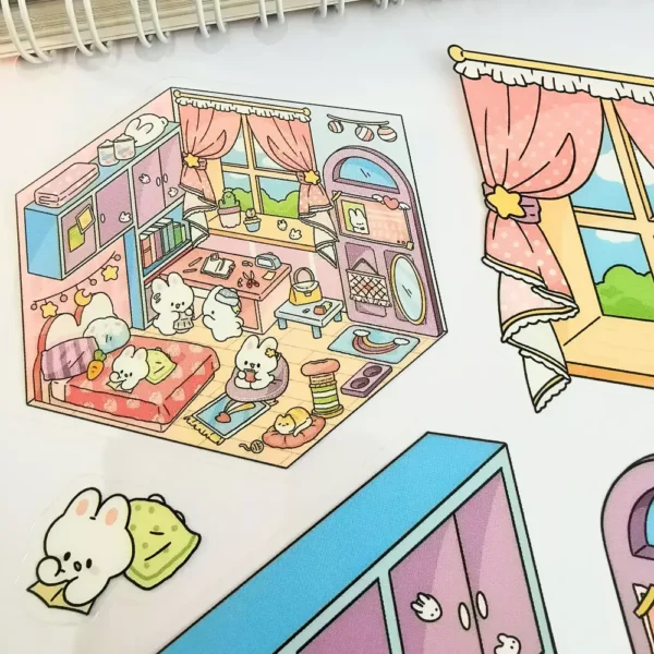 Carnet à spirales contenant 20 scènes de stickers isométrique 3D à composer soi-même sur le thème des boutiques kawaii et mignonnes. Activité créative pour adulte pour gérer le stress.