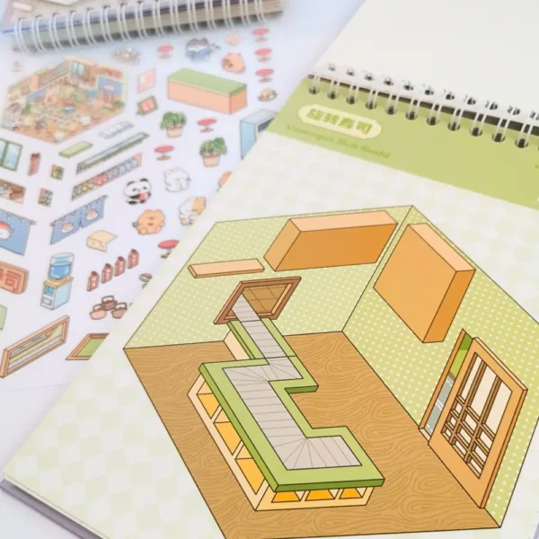 Carnet à spirales contenant 20 scènes de stickers isométrique 3D à composer soi-même sur le thème des boutiques kawaii et mignonnes. Activité créative pour adulte pour gérer le stress.