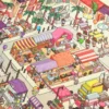 Carnet à spirales contenant 7 scènes de stickers isométrique 3D à composer soi-même sur le thème de la ville. Scène du marché animé. Activité créative pour adulte pour gérer le stress.