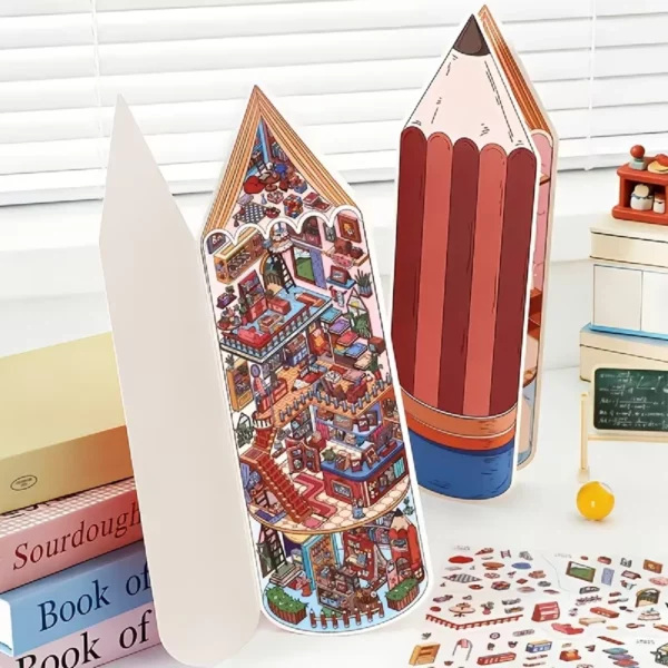 Scène de stickers isométrique 3D à composer soi-même sur le thème d'un mini monde dans un crayon géant. Activité créative originale pour adulte pour gérer le stress.