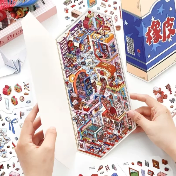 Scène de stickers isométrique 3D à composer soi-même sur le thème d'un mini monde dans une gomme géante. Activité créative originale pour adulte pour gérer le stress.