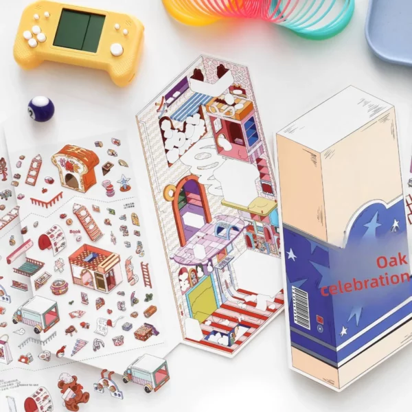 Scène de stickers isométrique 3D à composer soi-même sur le thème d'un mini monde dans une gomme géante. Activité créative originale pour adulte pour gérer le stress.