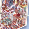 Scène de stickers isométrique 3D à composer soi-même sur le thème d'un mini monde dans une gomme géante. Activité créative originale pour adulte pour gérer le stress.