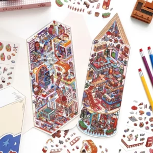 Scène de stickers isométrique 3D à composer soi-même sur le thème d'une gomme et d'un crayon géant. Activité créative originale pour adulte pour gérer le stress.