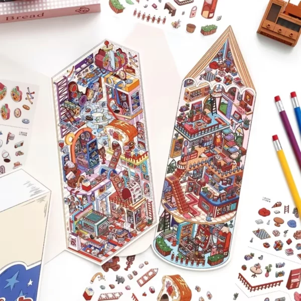 Scène de stickers isométrique 3D à composer soi-même sur le thème d'une gomme et d'un crayon géant. Activité créative originale pour adulte pour gérer le stress.