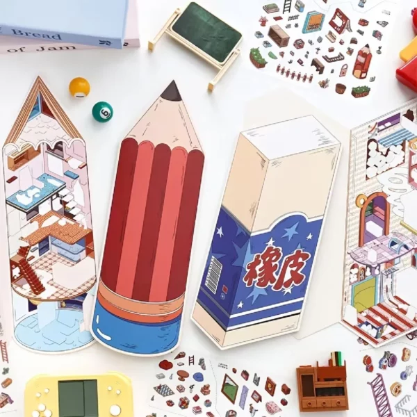 Scène de stickers isométrique 3D à composer soi-même sur le thème d'une gomme et d'un crayon géant. Activité créative originale pour adulte pour gérer le stress.