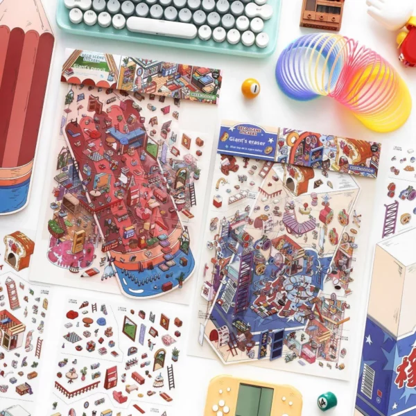 Scène de stickers isométrique 3D à composer soi-même sur le thème d'une gomme et d'un crayon géant. Activité créative originale pour adulte pour gérer le stress.