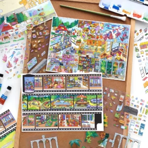 Scène de stickers isométrique 3D à composer soi-même sur le thème du puzzle et de la pellicule de film. Activité créative pour adulte pour gérer le stress.