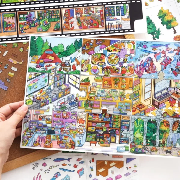 Scène de stickers isométrique 3D à composer soi-même sur le thème du puzzle et de la pellicule de film. Activité créative pour adulte pour gérer le stress.