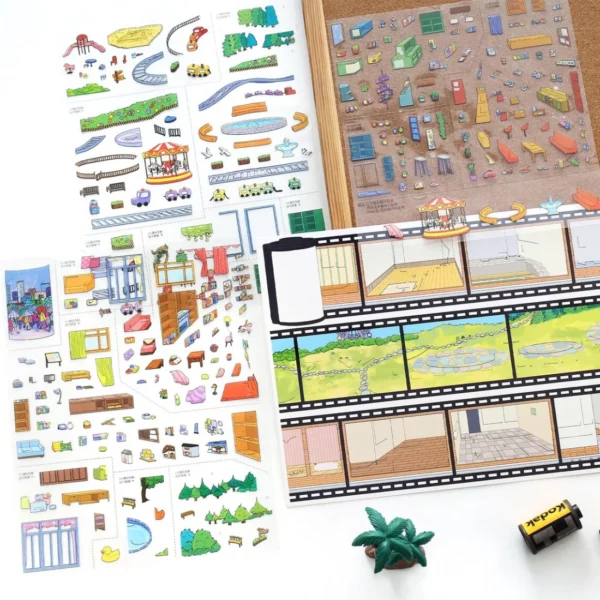 Scène de stickers isométrique 3D à composer soi-même sur le thème du puzzle et de la pellicule de film. Activité créative pour adulte pour gérer le stress.
