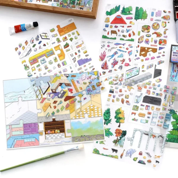 Scène de stickers isométrique 3D à composer soi-même sur le thème du puzzle et de la pellicule de film. Activité créative pour adulte pour gérer le stress.