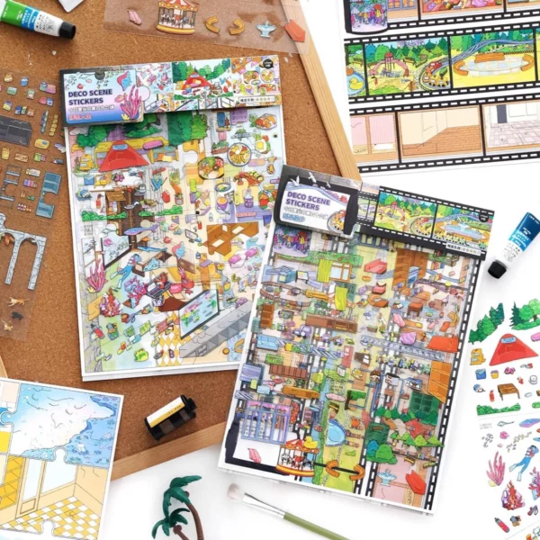 Scène de stickers isométrique 3D à composer soi-même sur le thème du puzzle et de la pellicule de film. Activité créative pour adulte pour gérer le stress.