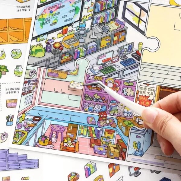 Scène de stickers isométrique 3D à composer soi-même sur le thème du puzzle et de la pellicule de film. Activité créative pour adulte pour gérer le stress.
