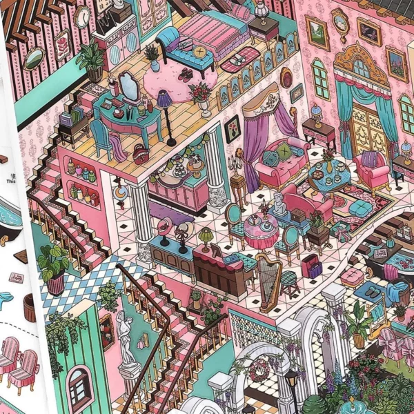 Scène de stickers isométrique 3D à composer soi-même sur le thème du salon des Dames. Activité créative originale pour adulte pour gérer le stress.