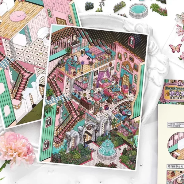 Scène de stickers isométrique 3D à composer soi-même sur le thème du salon des Dames. Activité créative originale pour adulte pour gérer le stress.