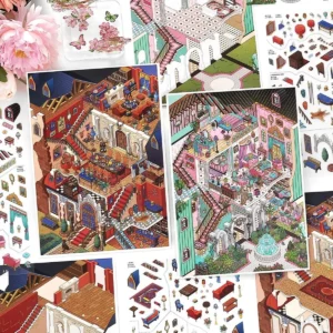 Scène de stickers isométrique 3D à composer soi-même sur le thème du salon des dames et du banquet du Duc. Activité créative originale pour adulte pour gérer le stress.
